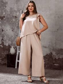 EMERY ROSE Conjunto de 2 piezas de talla grande para mujer con top de manga corta y pantalones con diseño de encaje y bolsillos, ideal para vacaciones en primavera temprana - Albaricoque - Ver 5