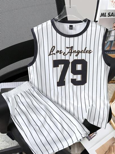 Aesthetic Post 男士宽松印花背心套装，运动风，男士洛杉矶英式马甲套装，细条纹撞色领，超大数字，春夏皆宜，夏季，度假，复古，外出，派对，节日，送给男友的礼物，街头风，健身