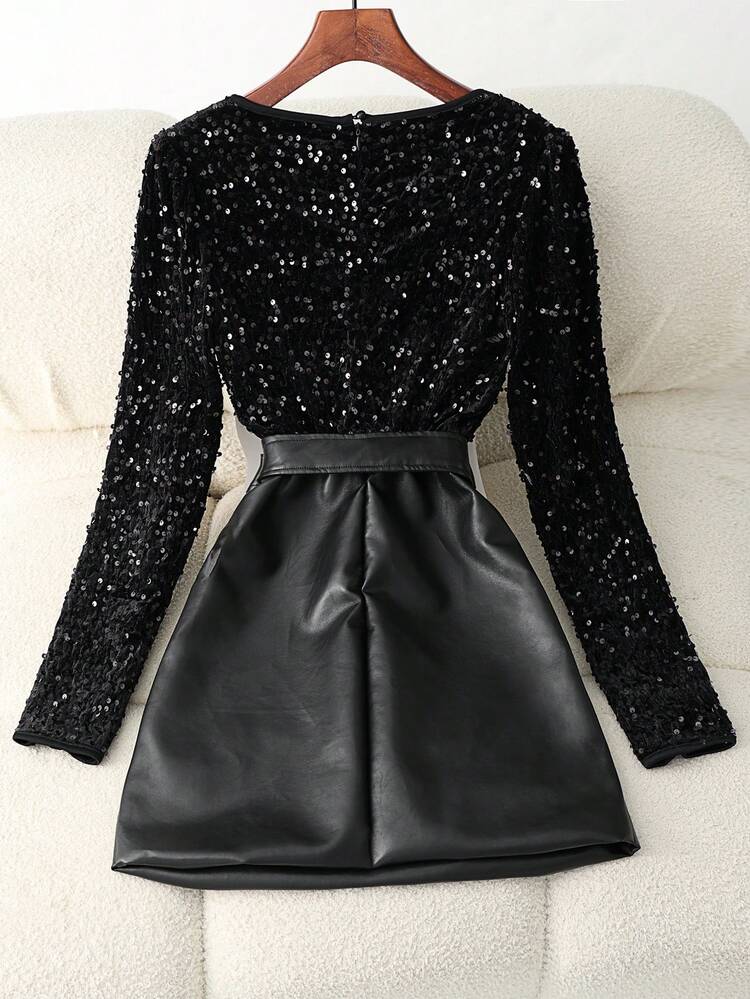 SHEIN Ladiora Vestido Elegante Feminino de Couro Sintético e Paetês com Recortes, Franzido, Decote em V, Ajuste Slim, Outono/Inverno - Preto - Visão 2