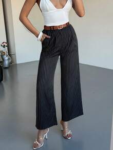Islaluna Fashionable & Elegant Women's Pants, Striped Fabric Loose Trousers, Elastic Waistband, Front Zipper Closure With Resin Button, Paired With Contrast Metal Buckle Belt. Stylish & Elegant, Suitable For Commuting - Black - View 7