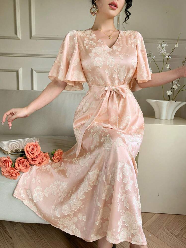 V-Neck Tie Waist Ruffle Sleeve Fitted Dress For Women Maxi Dress Sundress