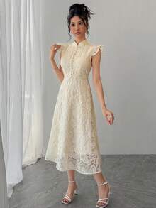 DAZY Women's Elegant Lace Collar Ruffle Hem Mid-Length Dress, Summer - Apricot - View 3