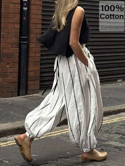 Siren Gaze Women's Casual Plaid Drawstring Waist Loose Pants - Fall Clothes For Women, Autumn Outfits For Women & Winter Clothes For Women. Chic Boho Harem Wide Leg Pants In Old Money Style, Perfect For Commute, Party, Going - Out, Business Casual & Daily Wear Spring