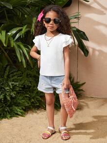 LMoss Kids Young Girl Textured Woven Round Neck Ruched Ruffle Trim Fitted Casual Top, Vacation Style, French Elegance, Suitable For Spring Outing And Holiday - Beige - View 4