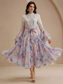 Anewsta Women's Elegant Floral Print Flare Sleeve Ruffle Hem Dress - Purple - View 6