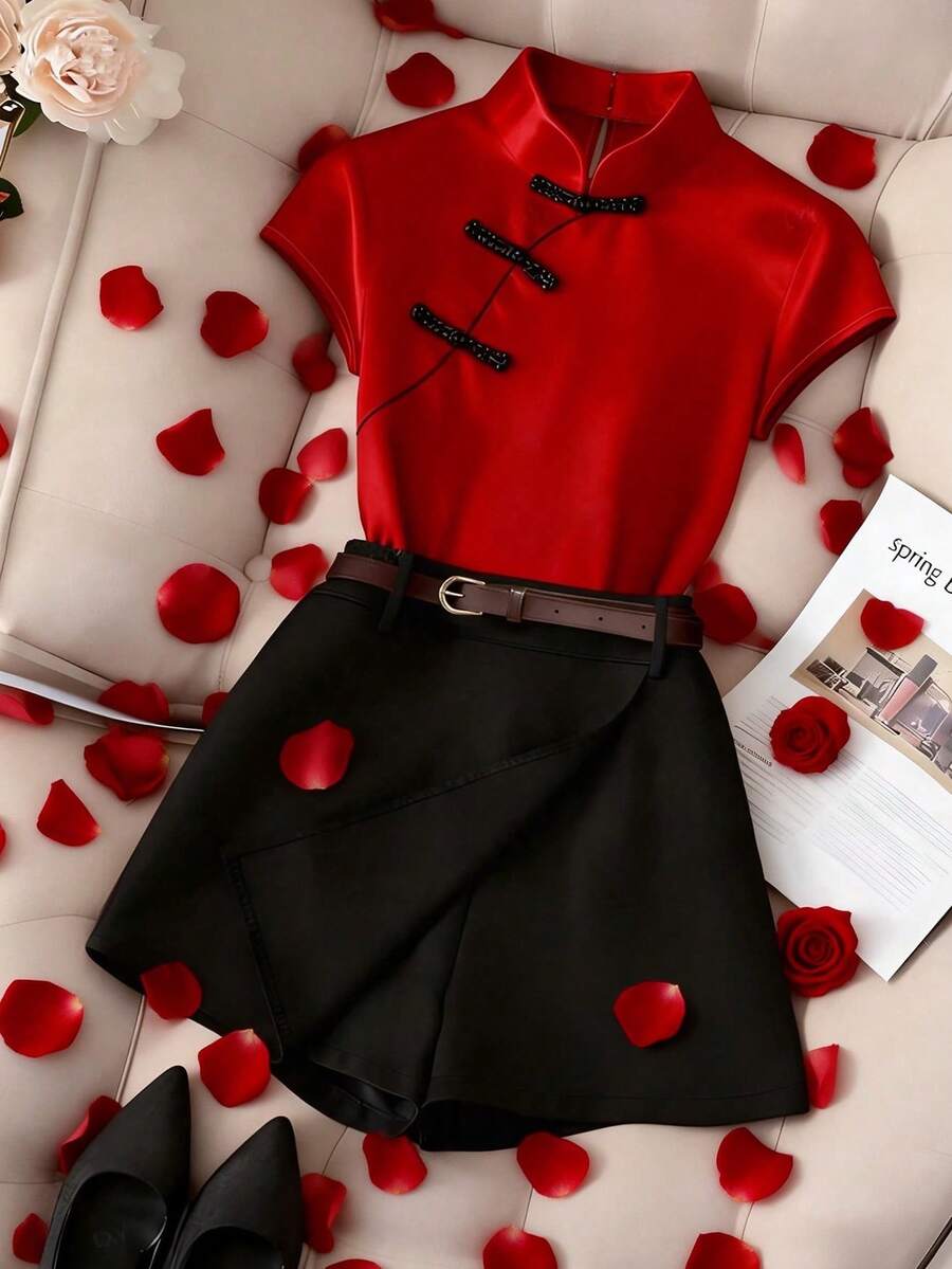 Franclia 1 Set Women's Red Cheongsam Collar Short Sleeve Top And Black Waist Belt Skirt Red And Black Outfit Red Clothes Bow Clothes Black Skirt Red Top - Multicolor - View 1