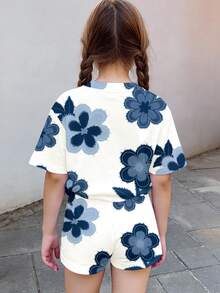 Bộ 2 món đồ mặc nhà phong cách retro in hoa dành cho bé gái tuổi teen, gồm áo thun ngắn tay và quần short, thích hợp cho mùa hè. - Nhiều màu - Xem 2