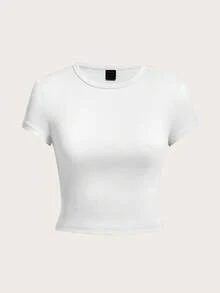 SHEIN EZwear Bộ 4 áo thun nữ tay ngắn cổ tròn dáng ôm, thích hợp cho mùa hè. - Nhiều màu - Xem 4