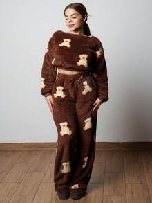 Lupita Cardoza 女款卡通熊图案抓绒斜肩卫衣和裤子套装，秋冬 - 棕色 - 查看 6