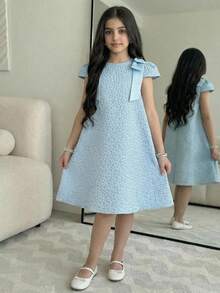 SHEIN Tween Girl Elegant Jacquard Floral Pattern Bow Decor A-Line Dress,Summer Light Blue Party Church Matching Dresses For Little Girls - Blue - View 6