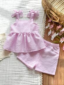 SHEIN Vintaside Kids 2件套女婴幼儿/新生儿0-3岁春夏休闲日常可爱度假条纹蝴蝶结装饰吊带背心+短裤套装 - 粉色 - 查看 6