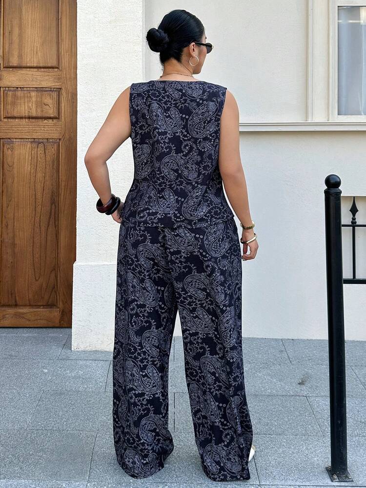 Dazy Plus Plus Size Paisley Print Vest & Pants 2 Pieces Set, Casual Holiday Outfit Lounge Sets For Women Short Sets For Women