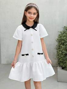 SHEIN Đầm cổ bẻ họa tiết dễ thương thường ngày cho bé gái tuổi teen - Màu be - Xem 4