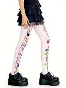 ROMWE Anime 1 双潮清凉甜美凉风音乐符号苹果猫印花长筒袜女式长筒袜连裤袜 - 白色1 - 查看 4