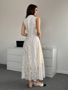 Modelyn Women's Stand Collar Lace Patchwork Elegant Waist Cinched Midi Party Dress - White - View 4