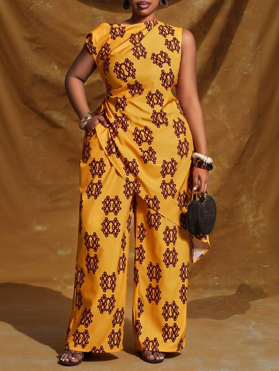 Veslaya Conjunto de top corto con hombros asimétricos y pantalones de pierna ancha con estampado floral amarillo, estilo de festival de música, Pascua, occidental y nómada, adecuado para fiesta de cumpleaños, casual, vacaciones, crucero, playa, fiesta elegante y uso diario, talla grande, primavera temprana 2026