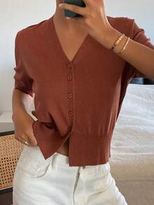 DAZY Women's Loose V-Neck Short Sleeve Casual Vacation Knit Cardigan, Lightweight, Spring/Summer - Coffee Brown - View 6