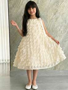 Tween Girl Woven 3D Floral Apricot Snug Fit Sleeveless Dress - Apricot - View 1
