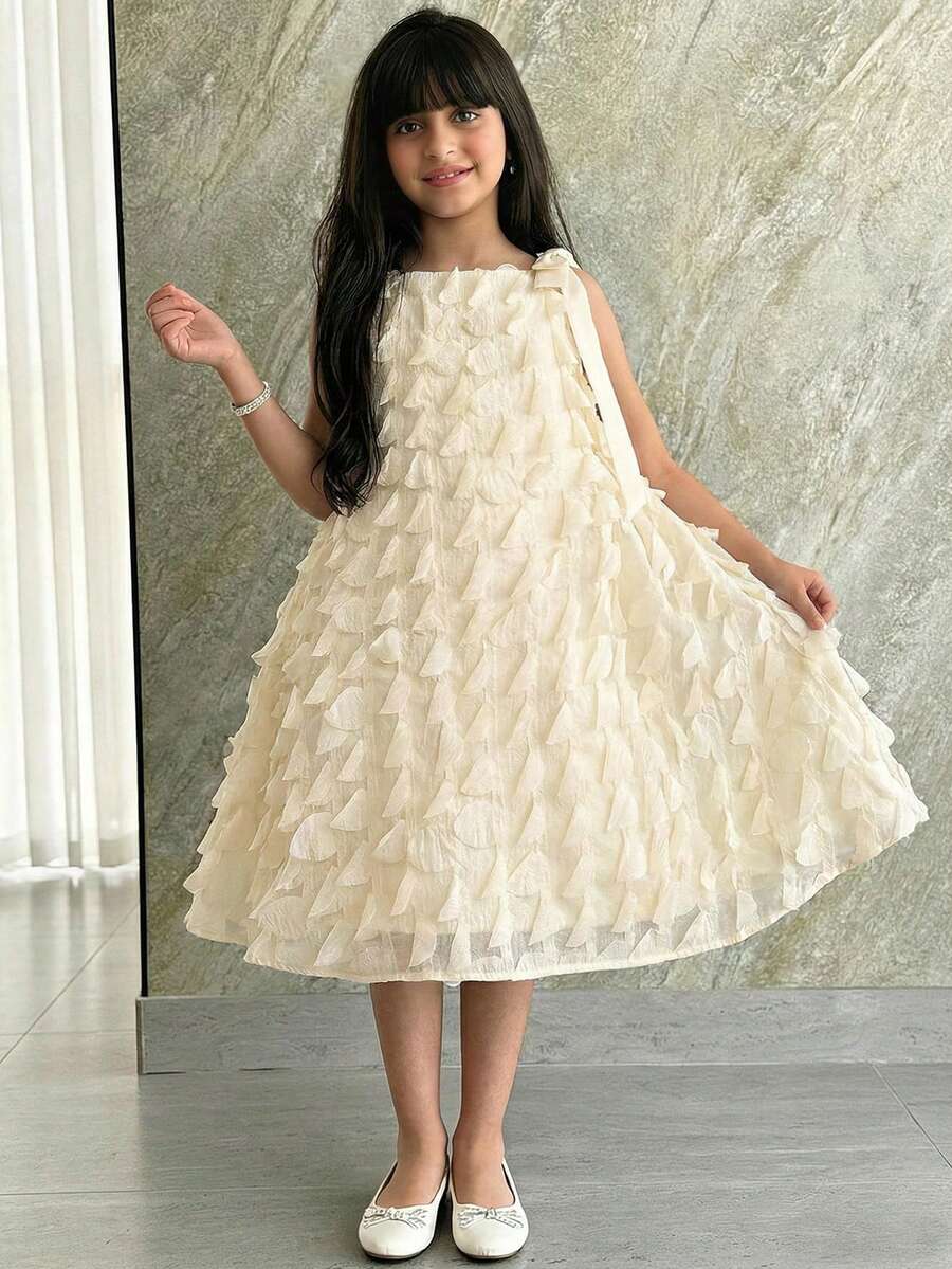 Tween Girl Woven 3D Floral Apricot Snug Fit Sleeveless Dress - Apricot - View 1
