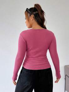 Solflare 大码休闲玫红色雪洗T恤，秋季女士长袖上衣罗纹上衣粉色长袖上衣 - 玫紅色 - 查看 2