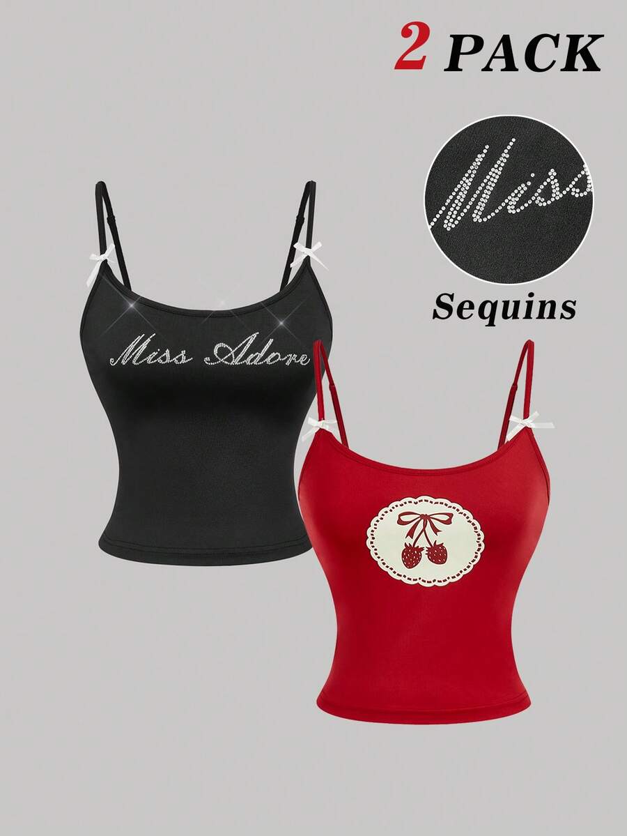 SHEIN MOD 2pcs Women's Fashion Letter Rhinestone Bow Camisole & Cute Cherry Print Camisole,Tank Tops Women Spaghetti Strap,Going Out Top,Club Tops,Party Tops,Cute Tops,Vacation,Casual, Carnival Costume - Multicolor - View 1