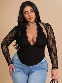 SHEIN BAE 大码女式撞色蕾丝吊带上衣 - 黑色 - 查看 4