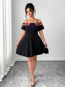 Elenzga Plus Size Women's Summer Elegant Boho Party Cocktail Dress,Black And Red Embroidered Floral Off-Shoulder A-Line Short Sleeve Waist-Cinching Fashion - Black - View 1