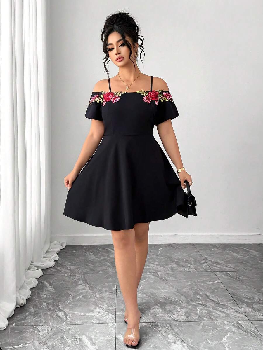 Elenzga Plus Size Women's Summer Elegant Boho Party Cocktail Dress,Black And Red Embroidered Floral Off-Shoulder A-Line Short Sleeve Waist-Cinching Fashion - Black - View 1