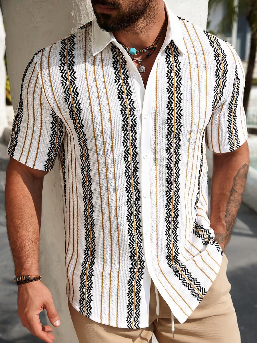 VENTUSAIL 休闲时尚百搭夏季男士短袖衬衫，黑白条纹衬衫，纹理衬衫，短袖纽扣衬衫，男士秋季户外服装，2025年男士秋季服装，新款秋季衬衫是一款百搭的秋季外出衬衫，适合通勤、休闲约会和商务等各种场合，衬衫，刺绣衬衫，波西米亚风衬衫，墨西哥风衬衫，短袖衬衫，钩针衬衫，夏季男士衬衫，白色针织网眼条纹面料