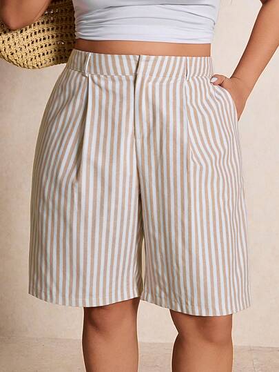 Elaquor Pantalones cortos de mujer talla grande a rayas con bolsillo y pliegues, versátiles para uso diario