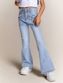 Radiana Vintage Blue Denim Bowknot Pocket Design Flared Pants For Tween Girl,Girls Summer Brunch Church Graduation Party Outfits,Streetwear,Girls Summer Beach Boho Vacation Shorts, Summer Concert Festival Casual Rave Outfits, Girls Summer Brunch Church Graduation Outfits,Streetwear,Back To School Outfits,Back To School Outfits, Flare Jeans, Jeans With Bows, Jeans For Teens, Bow Jeans, Light Wash Jeans - Light Wash - View 7