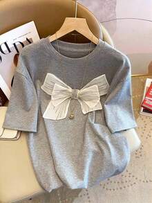 Resyla Áo thun nữ dáng rộng thoải mái, trang trí nơ, phối màu tương phản, thích hợp mặc hàng ngày đi làm, hẹn hò, mùa hè. - Xám - Xem 1