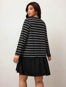 Enliva Plus Size Casual Everyday Striped Round Neck Ruffle Hem Dress, Autumn Dresses For Women, For Apple & Rounded Body Shape - Black and White - View 2