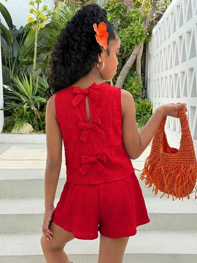 2pcs Tween Girls' Casual Vacation Round Neck Textured Red Butterfly Back Bow Cami Top And Shorts Set