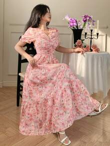 DAZY Women's Pink Bubble Dress With Rose Print, Elegant - Pink - View 4