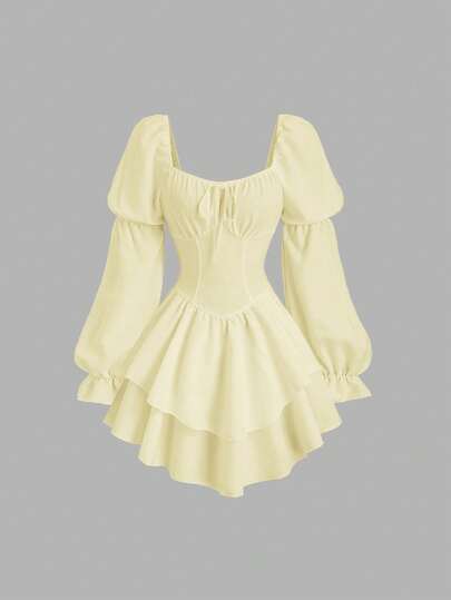 Sweetra French Romantic Early Autumn Fashion Princess Style Puff Sleeve Dress, Sophisticated Waist Design, Asymmetrical Hem, Elegant Party Cute White Dress For Women