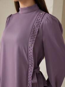 Veilorie 女士纯色立领长袖系腰镶钻衬衫和裤子优雅两件套 - 紫色 - 查看 8