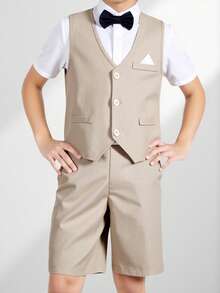 Bộ đồ lịch lãm 2 mảnh cho bé trai tuổi teen, màu trơn, thiết kế tối giản gồm áo blazer và quần short/quần dài, trang phục trang trọng cho tiệc sinh nhật, đám cưới, lễ tốt nghiệp, kỷ niệm. - Màu Khaki - Xem 4