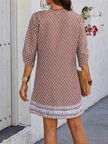 SHEIN LUNE Random Geometric Print Women's Loose Casual 3/4 Sleeve Dress - Multicolor - View 2
