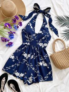 Soleia 女士度假风蓝色藤编纹理V领露背系带蝴蝶结连体衣，适合海滩、音乐节、嬉皮士派对、聚会、约会、下午茶等场合。 - 彩色 - 查看 6