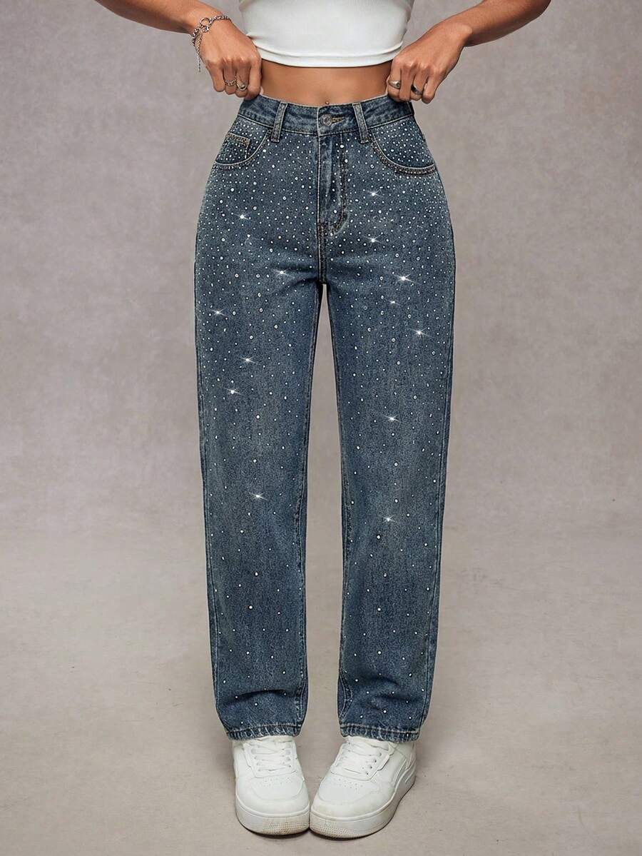 SHEIN Tall 高腰斜插口袋水钻装饰水洗牛仔锥形裤 - 中等水洗藍 - 查看 1