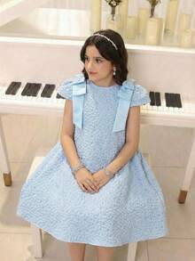 SHEIN Tween Girl Elegant Jacquard Floral Pattern Bow Decor A-Line Dress,Summer Light Blue Party Church Matching Dresses For Little Girls - Blue - View 8
