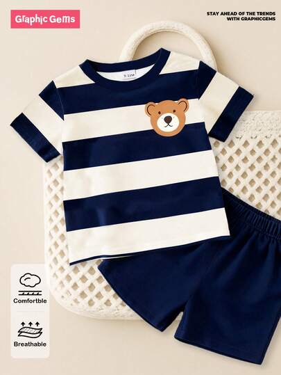 SHEIN Playful Pals Set de 2 piezas: Camiseta de manga corta con cuello redondo con estampado de oso y rayas + pantalones cortos azul marino para niño bebé, adecuado para salidas de verano