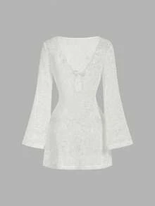 SHEIN MOD Women's White Summer Casual Holiday Party Vacation Holiday Solid Color Flare Sleeve Knit Cover Up,Spring/Summer Outfit,Beach Dress,Elegant,Vintage - White - View 5