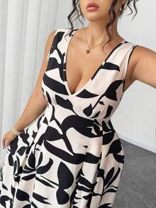 Elenzga 大码优雅女士连衣裙 V 领无袖纽扣褶饰腰部双色花卉印花春夏 - 杏色 - 查看 3