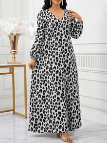SHEIN Lady 女士欧美豹纹V领斜插口袋长袖连衣裙 - 灰色 - 查看 3