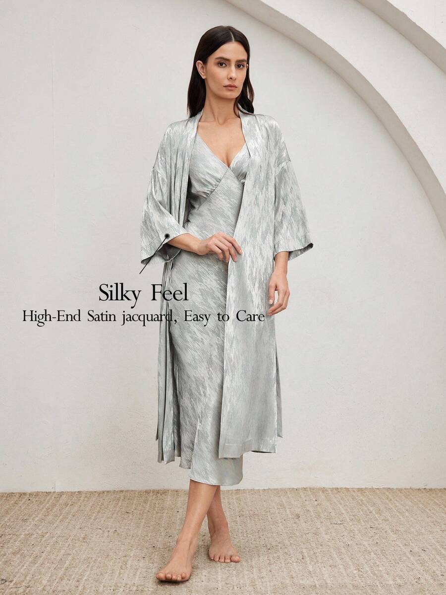 Ocili 休闲缎面提花简约抽象舒适披肩领中长睡袍，配系带，时尚秋季女士睡衣 - 卡其色 - 查看 1