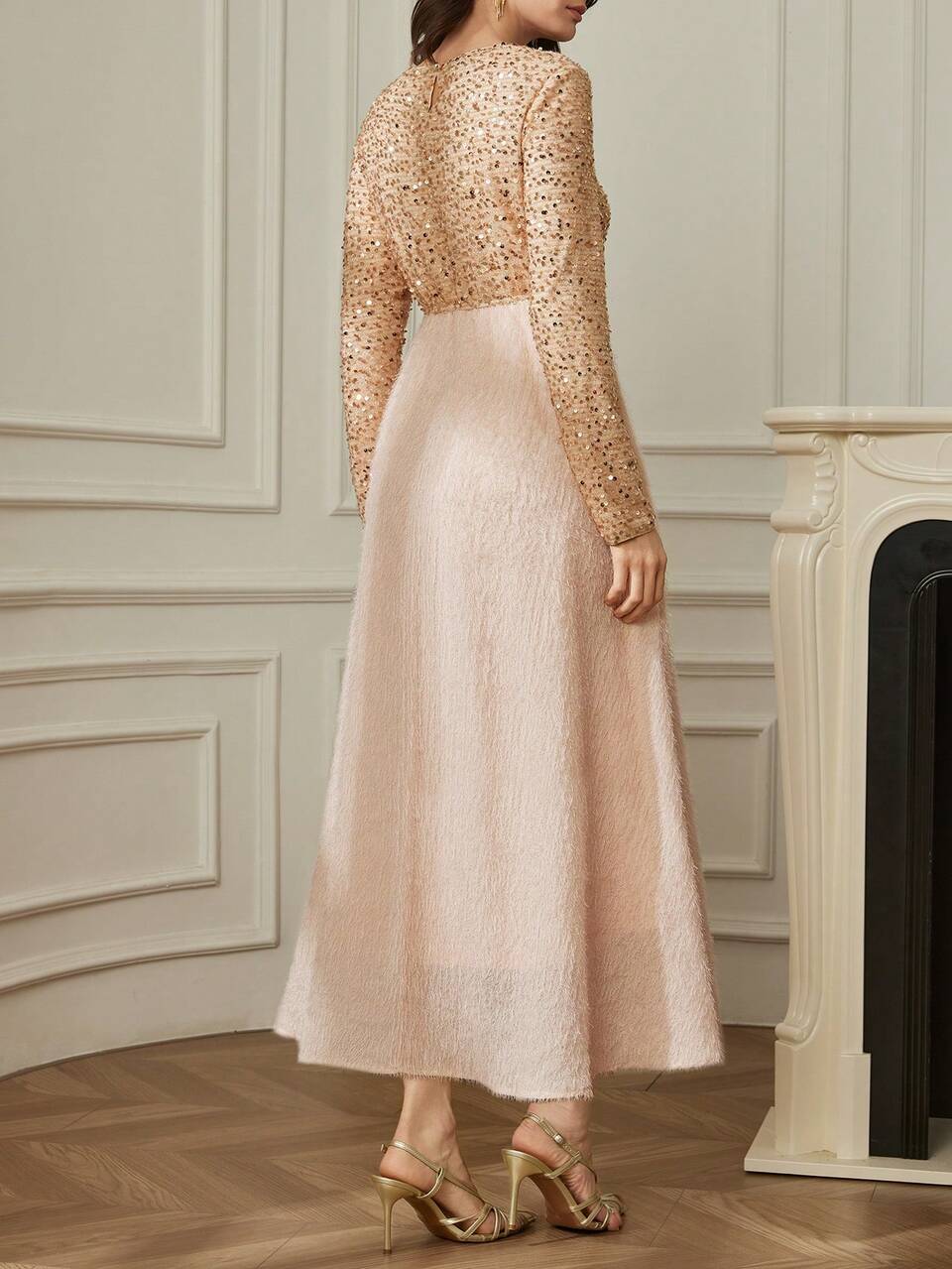 Beige Autumn Elegant Day Party Rhinestone Shiny Midi Dress,Spring & Summer Valentine's Day Wedding Formal Slim Fit Waist Cinched Sparkly Sundress
