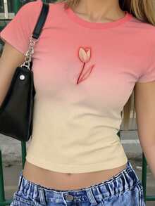 青少年女孩可愛櫻桃粉漸層鬱金香印花圓領短袖T恤，夏季漸層粉色花卉修身短版設計上衣 - 粉色 - 查看 6