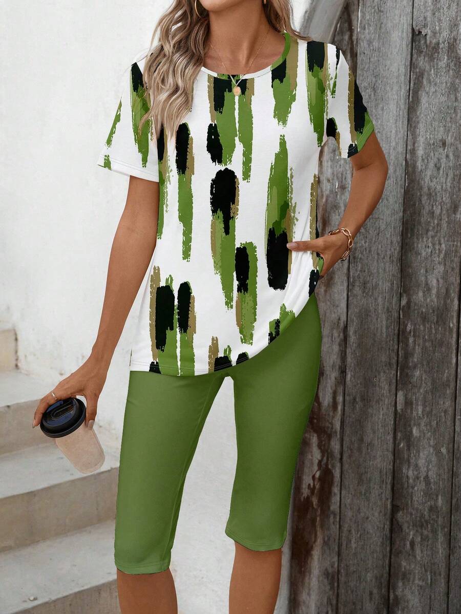 EMERY ROSE 2pcs/Set Women Casual Minimalist Abstract Pattern Outfit, Suitable For Summer - Multicolor - View 1